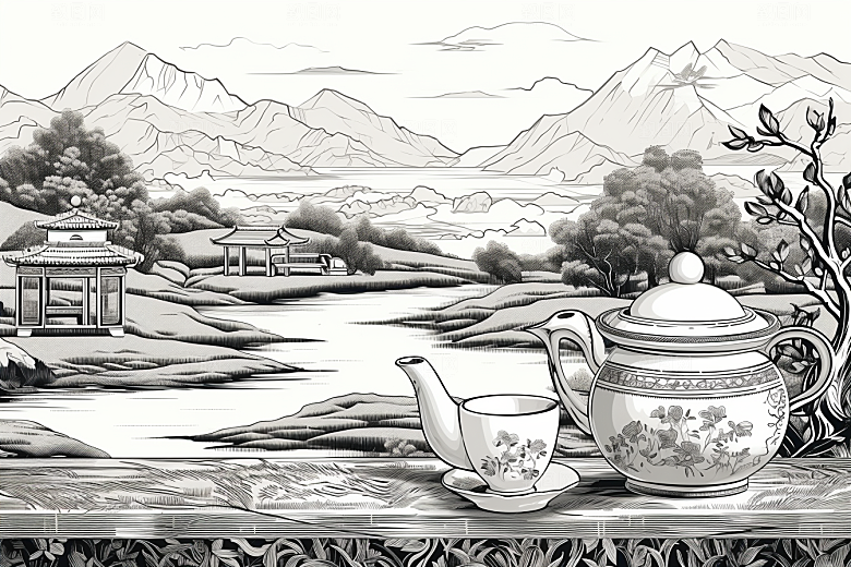 茶园线条中国风铜版画