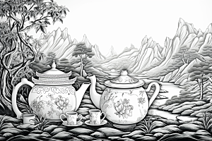 茶园雕刻中国风铜版画