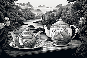 茶园线条中国风铜版画