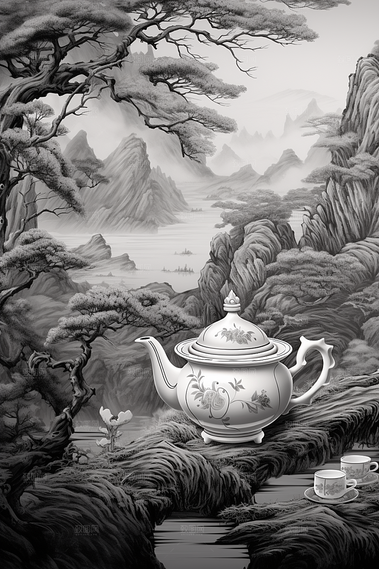 茶园写实黑白铜版画