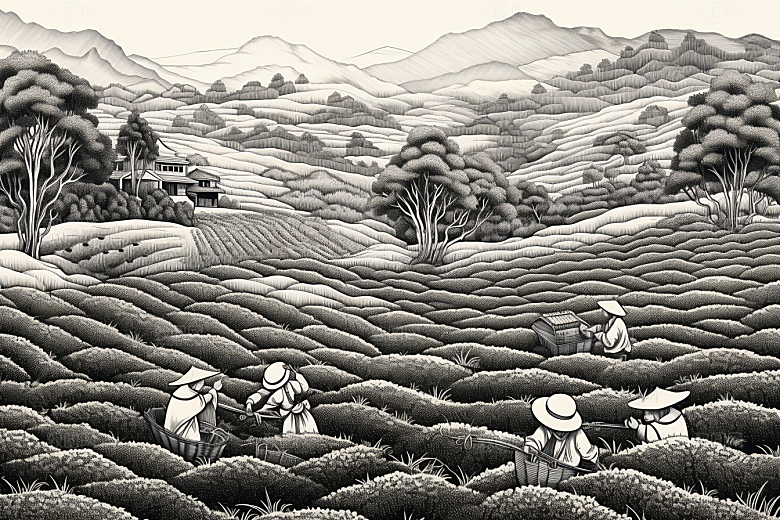 茶园黑白线条铜版画