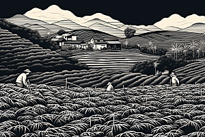 茶园中国风国画铜版画