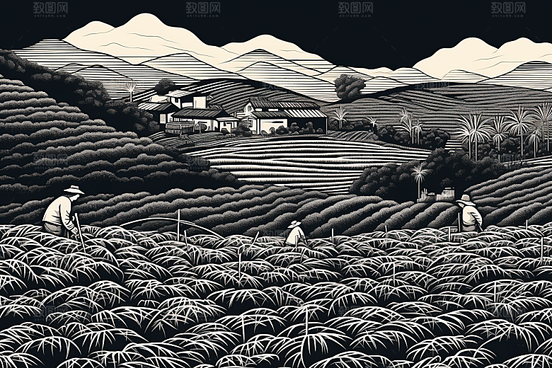 茶园中国风国画铜版画