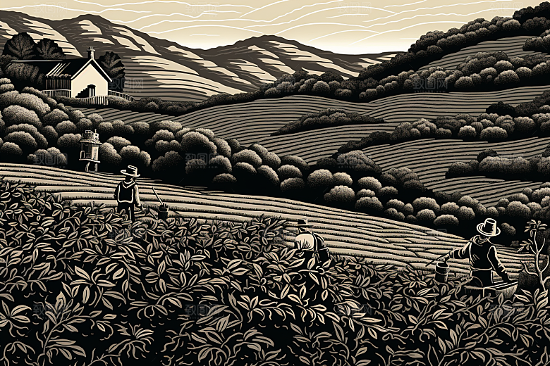 茶园国画线条铜版画