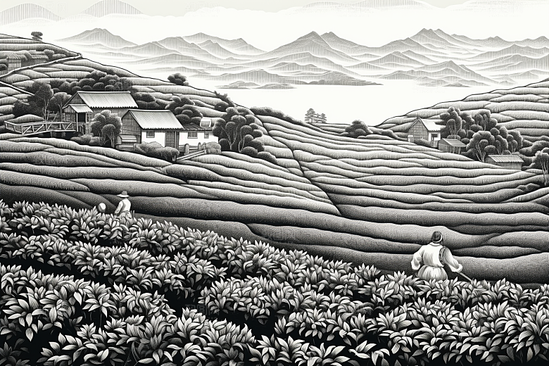 茶园线条写实铜版画
