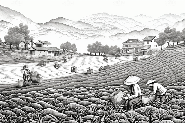 茶园中国风线条铜版画