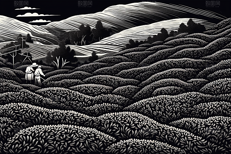 茶园线条国画铜版画
