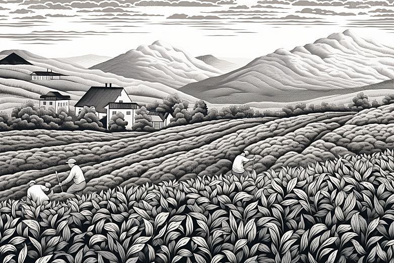 茶园中国风国画铜版画