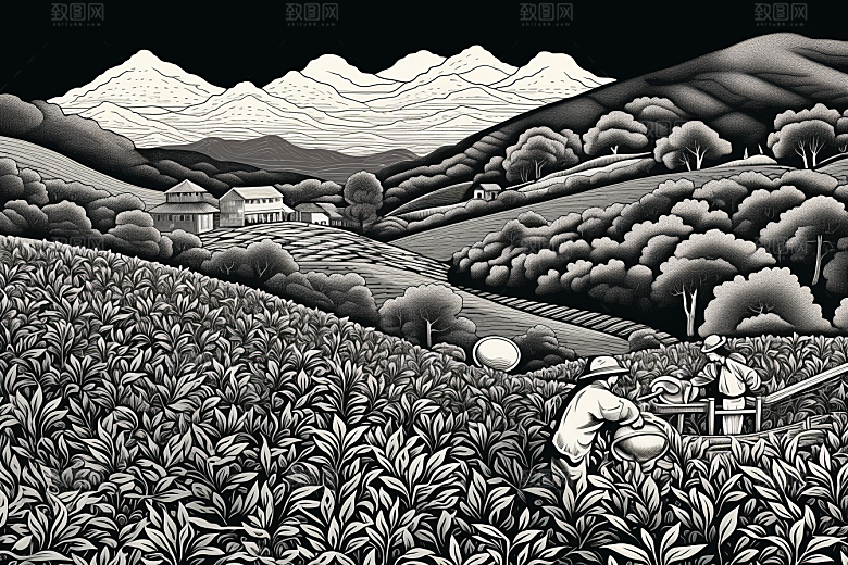 茶园黑白国画铜版画