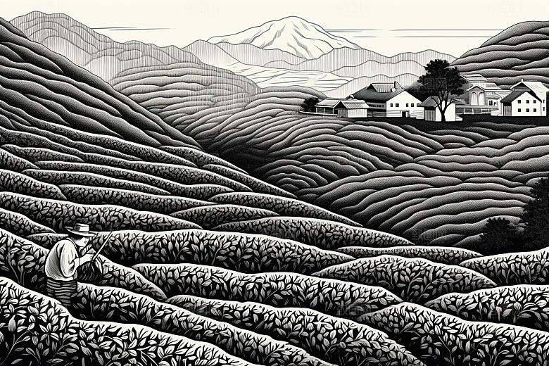 茶园水墨中国风铜版画
