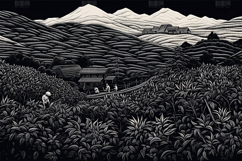 茶园国画写实铜版画