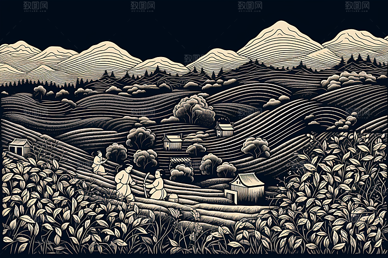茶园传统写实铜版画