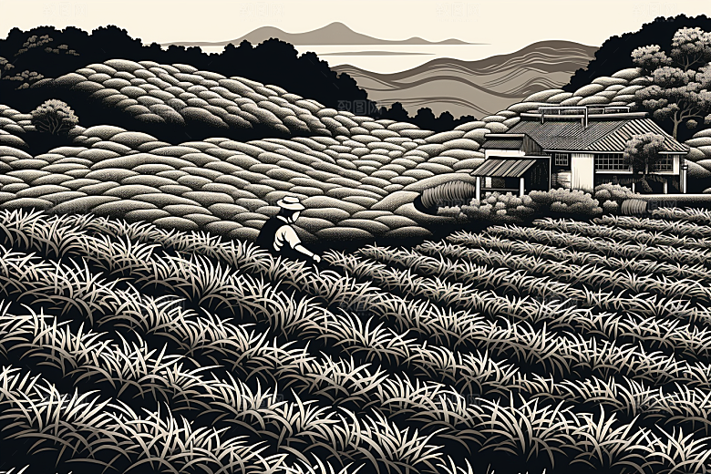 茶园传统线条铜版画