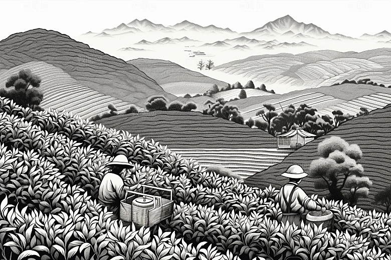 茶园中国风写实铜版画