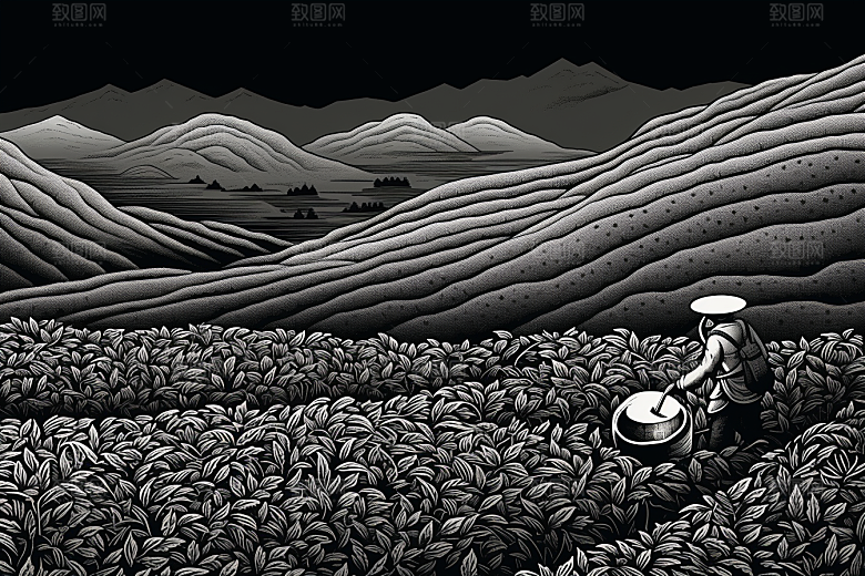 茶园传统水墨铜版画
