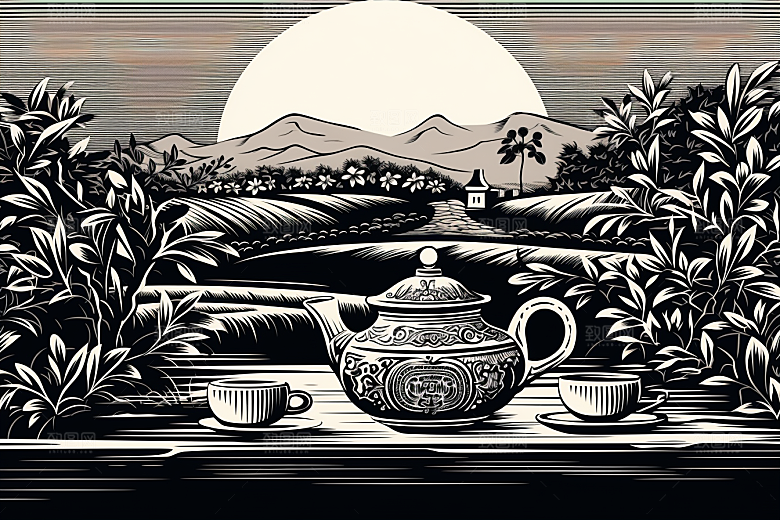 茶园中国风国画铜版画