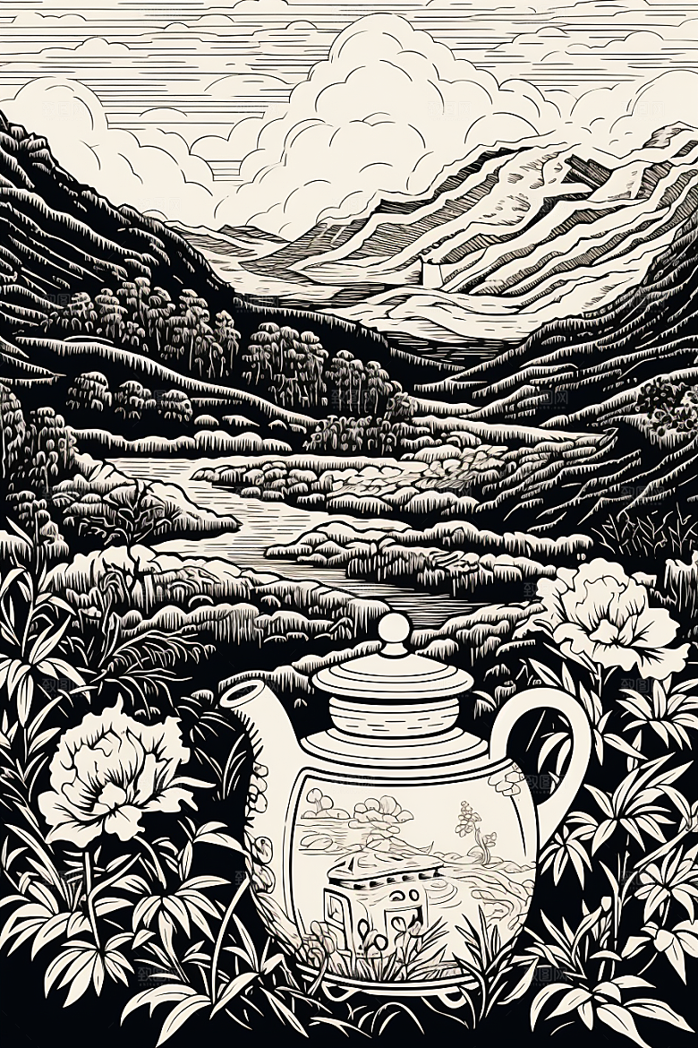 茶园国画线条铜版画