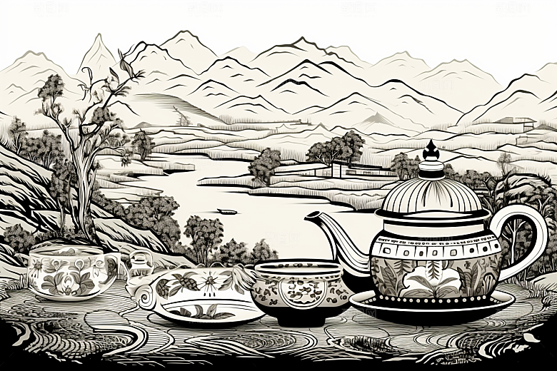 茶园中国风雕刻铜版画