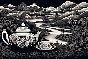 茶园水墨黑白铜版画