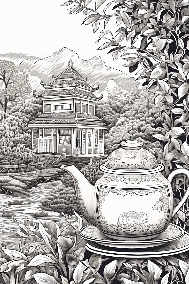 茶园国画线条铜版画