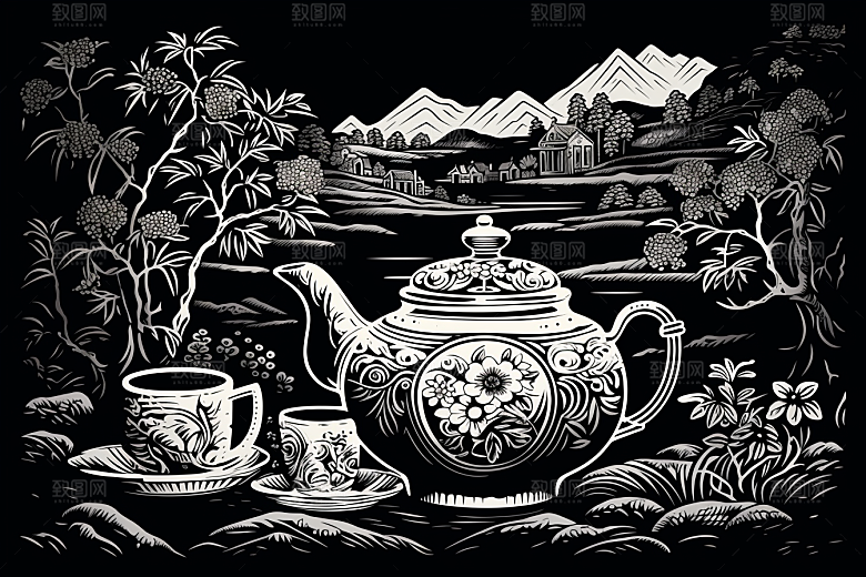 茶园传统黑白铜版画