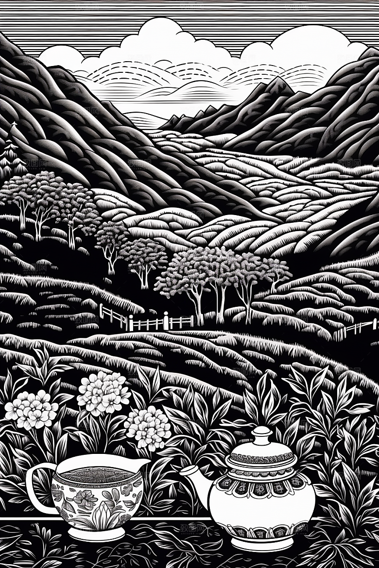 茶园国画雕刻铜版画