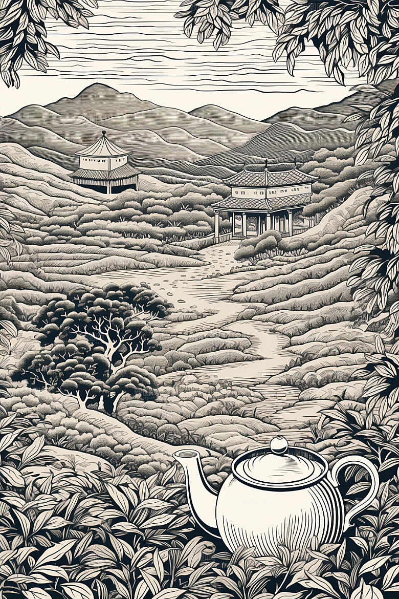 茶园国画写实铜版画