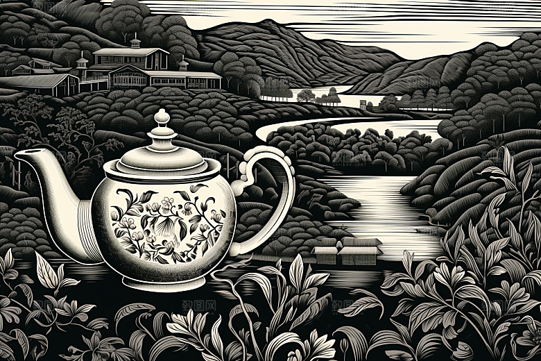 茶园雕刻线条铜版画