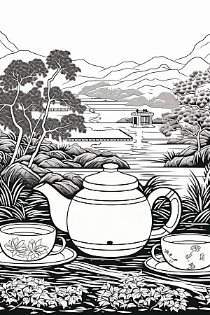 茶园中国风线条铜版画