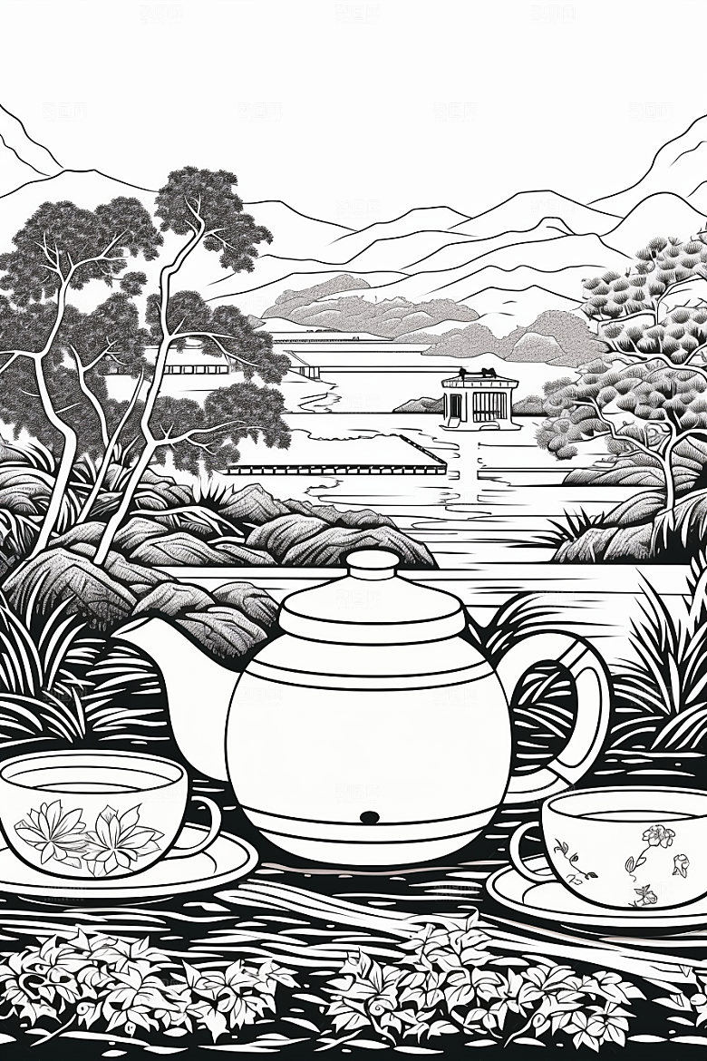 茶园中国风线条铜版画