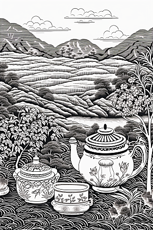 茶园水墨中国风铜版画