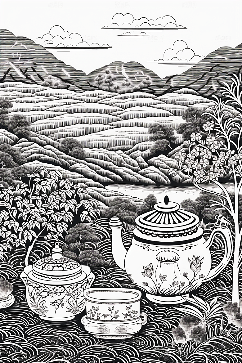 茶园水墨中国风铜版画