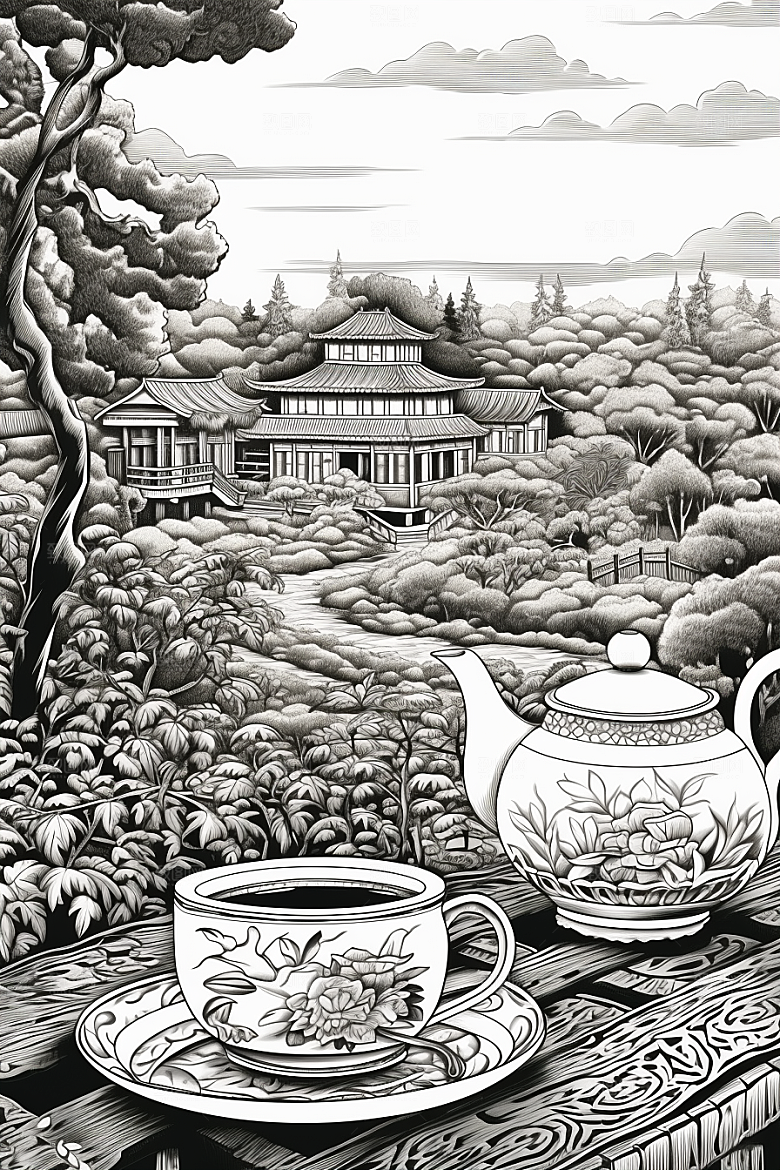 茶园写实水墨铜版画