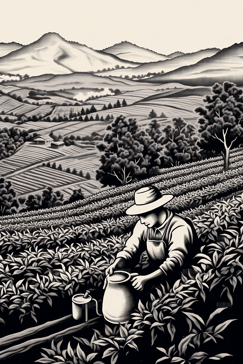 茶园黑白传统铜版画