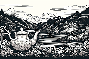 茶园黑白传统铜版画
