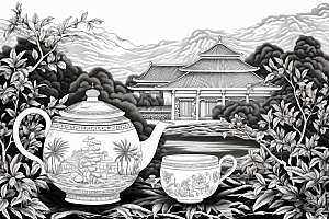 茶园水墨中国风铜版画