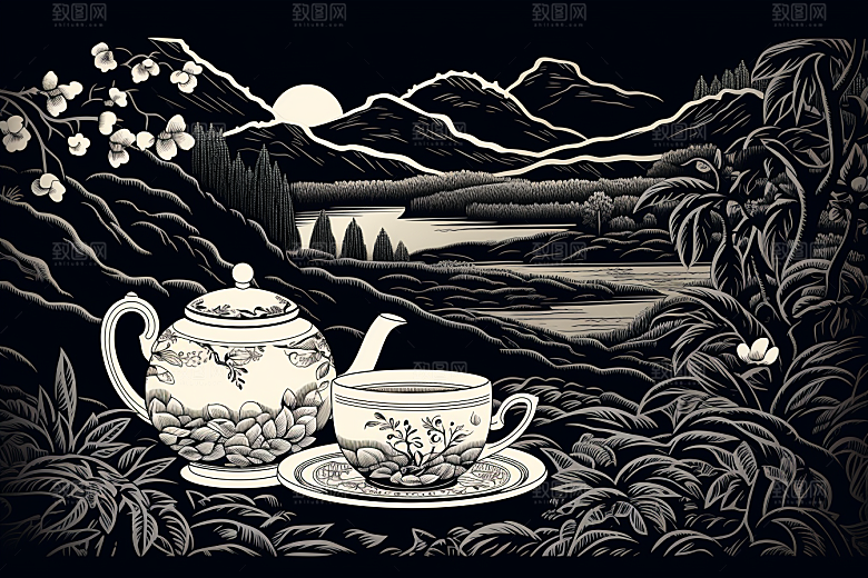 茶园写实黑白铜版画