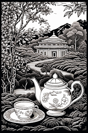 茶园线条传统铜版画