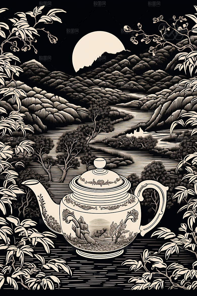 茶园写实水墨铜版画