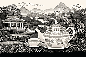 茶园传统黑白铜版画