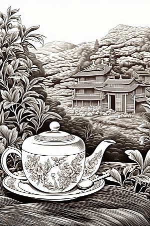 茶园线条水墨铜版画