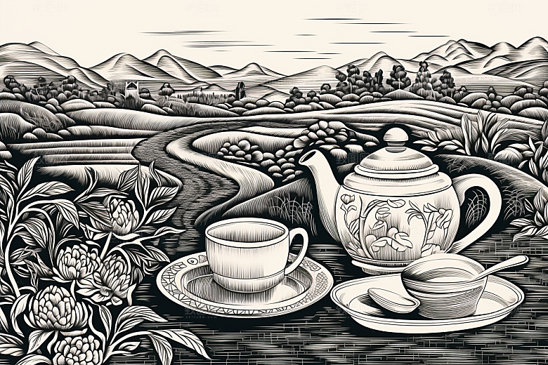 茶园黑白雕刻铜版画