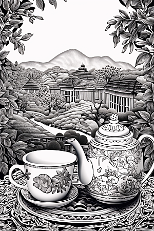 茶园线条国画铜版画