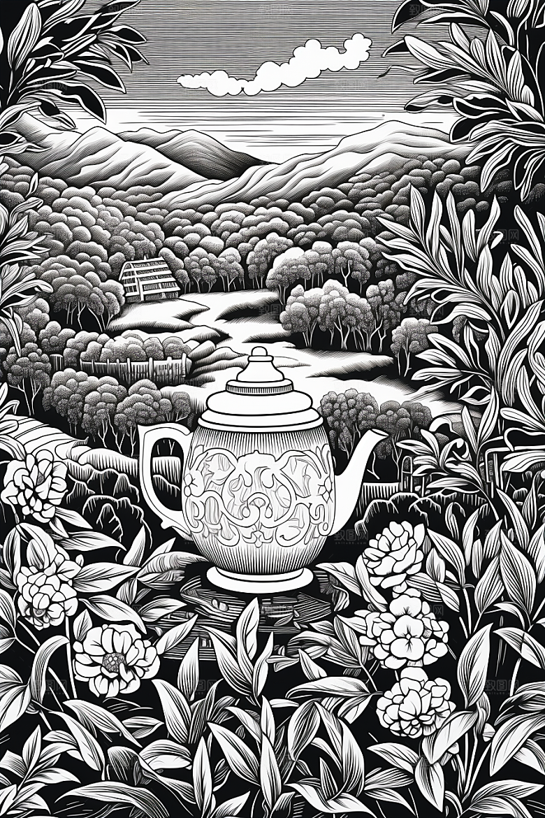 茶园黑白雕刻铜版画