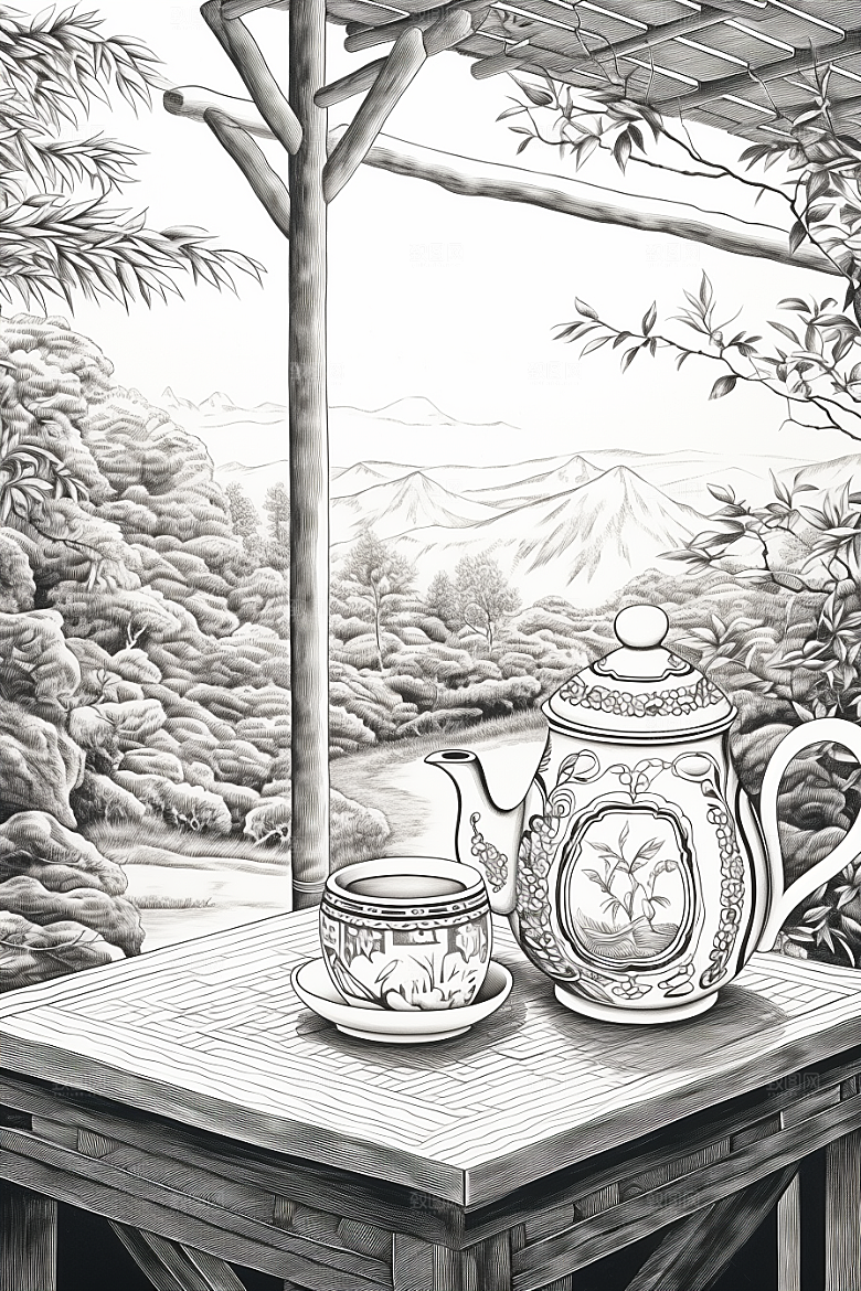 茶园写实黑白铜版画