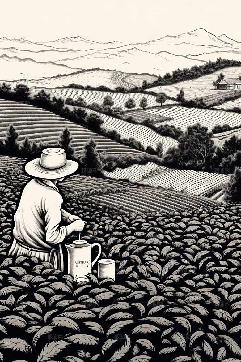 茶园水墨黑白铜版画