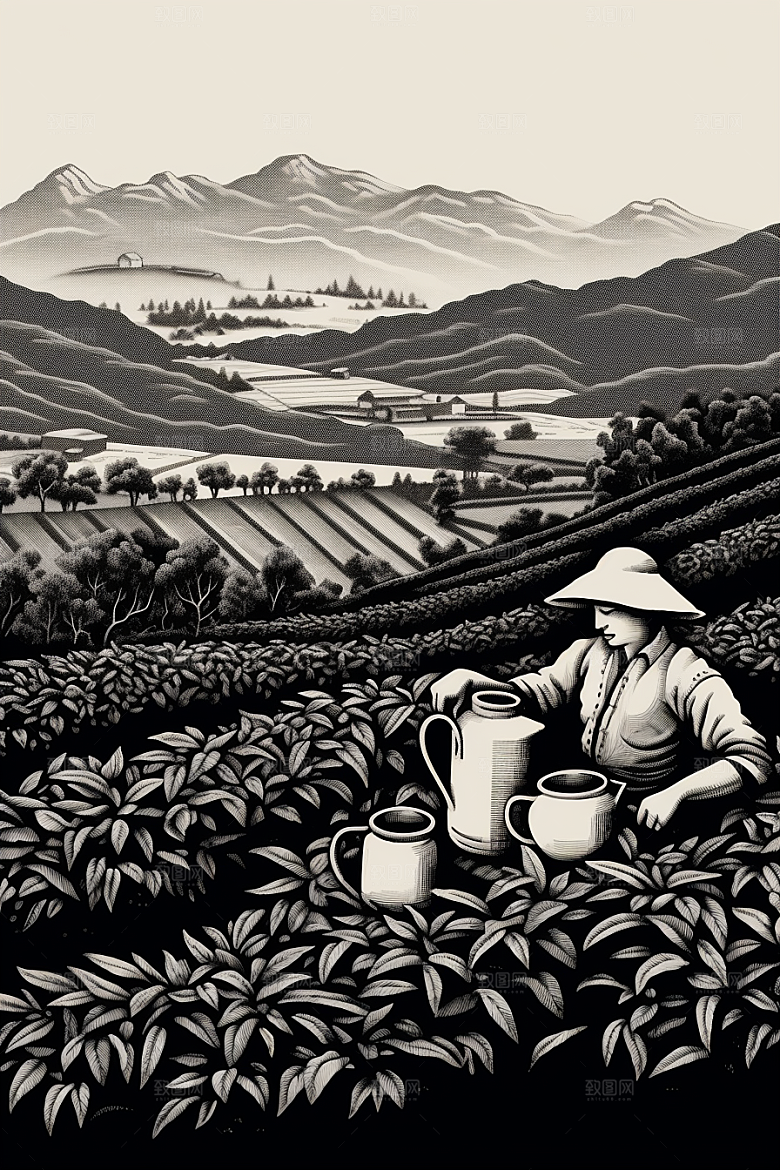 茶园写实线条铜版画