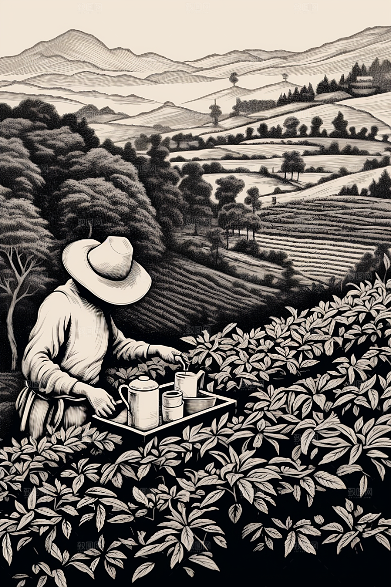 茶园国画中国风铜版画