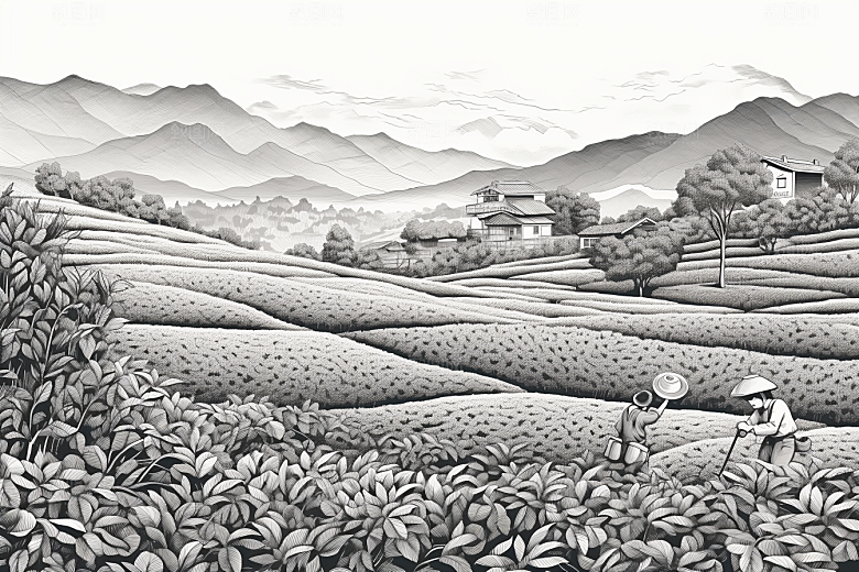 茶园线条黑白铜版画