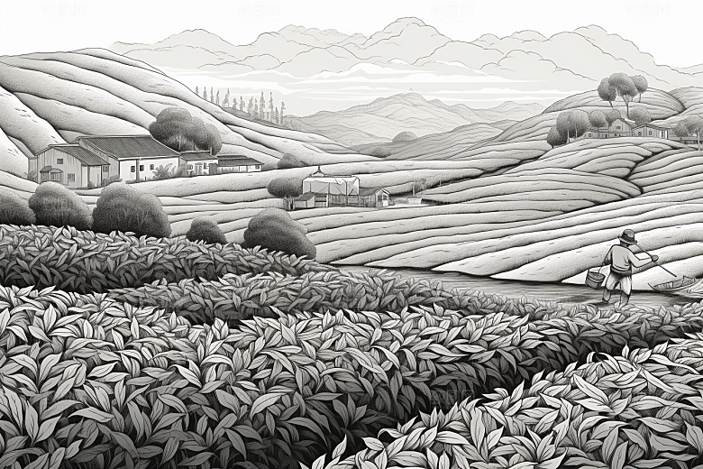 茶园中国风黑白铜版画